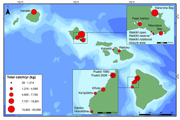 Figure 3. Total catch per year (kg) at each site. Circles scaled to represent total annual fisheries and invertebrate harvest at that site. 